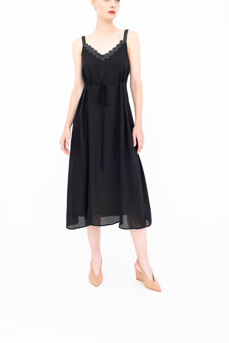 Silk Georgette Strap Midi Dress with Grosgrain Trim - BABETTE Dress GENERAL ORIENT