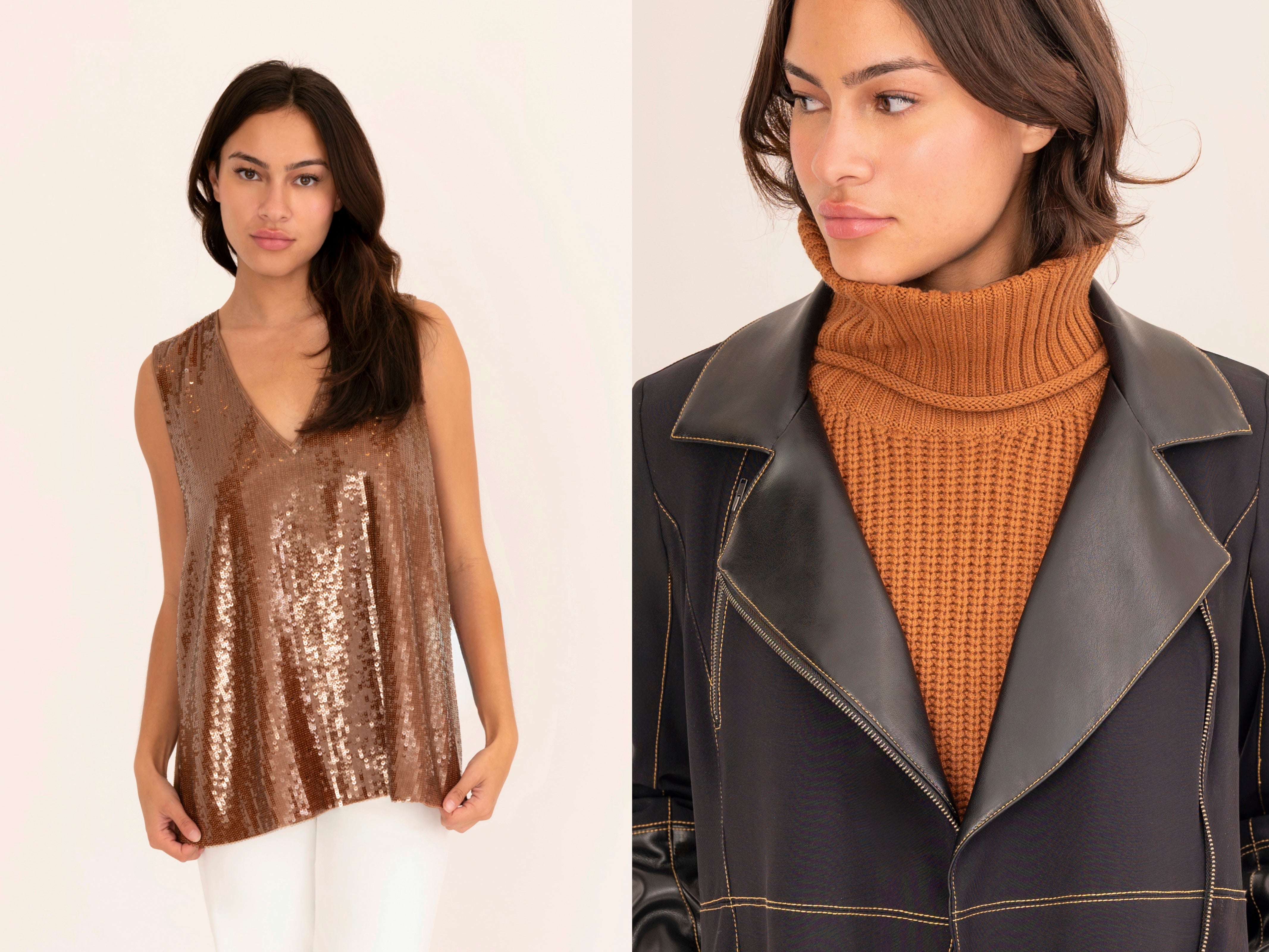 Two women wearing different outfits with a neutral background