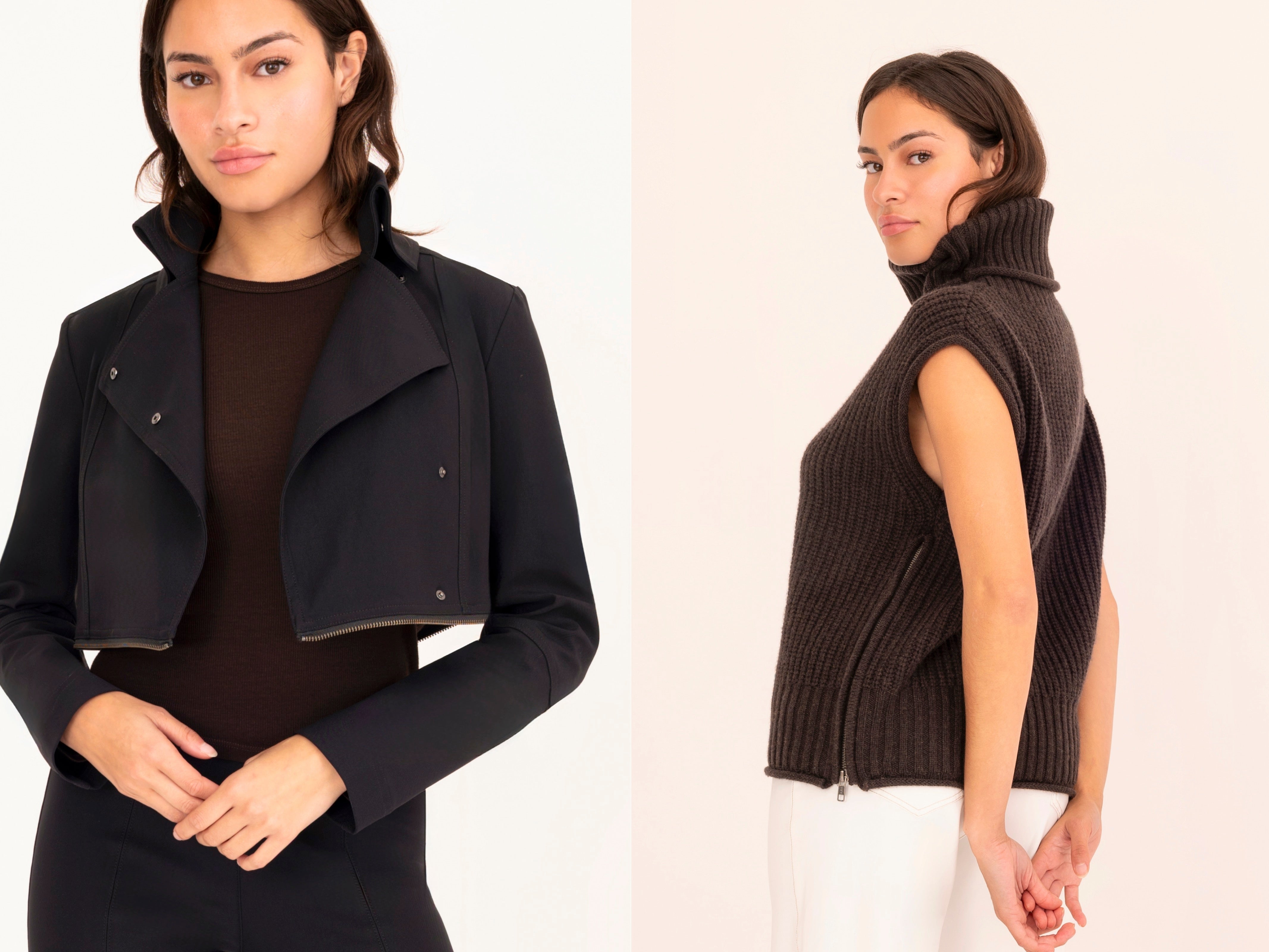 Woman wearing a black jacket and a brown knitted vest on a white background