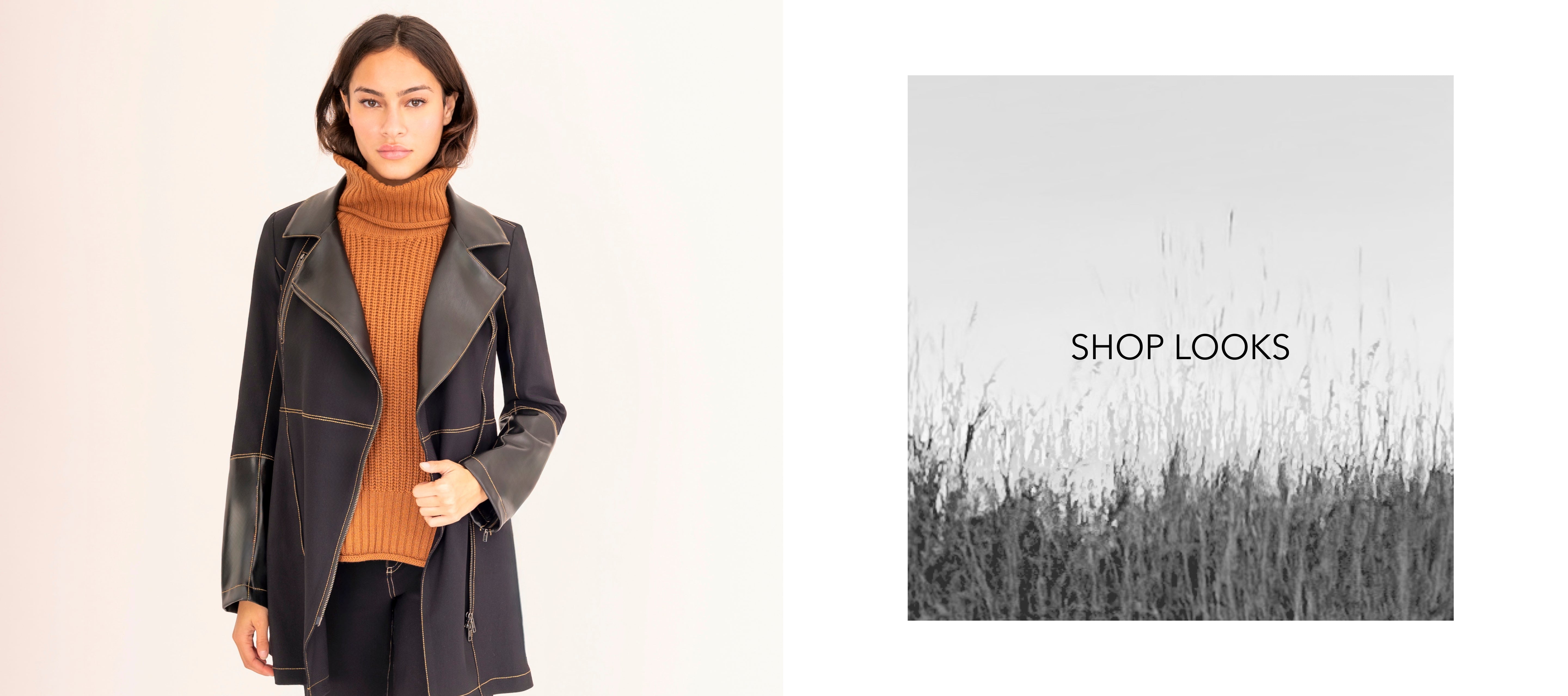 Woman wearing a dark gray coat over a brown sweater with a 'Shop Looks' text overlay on a light background.