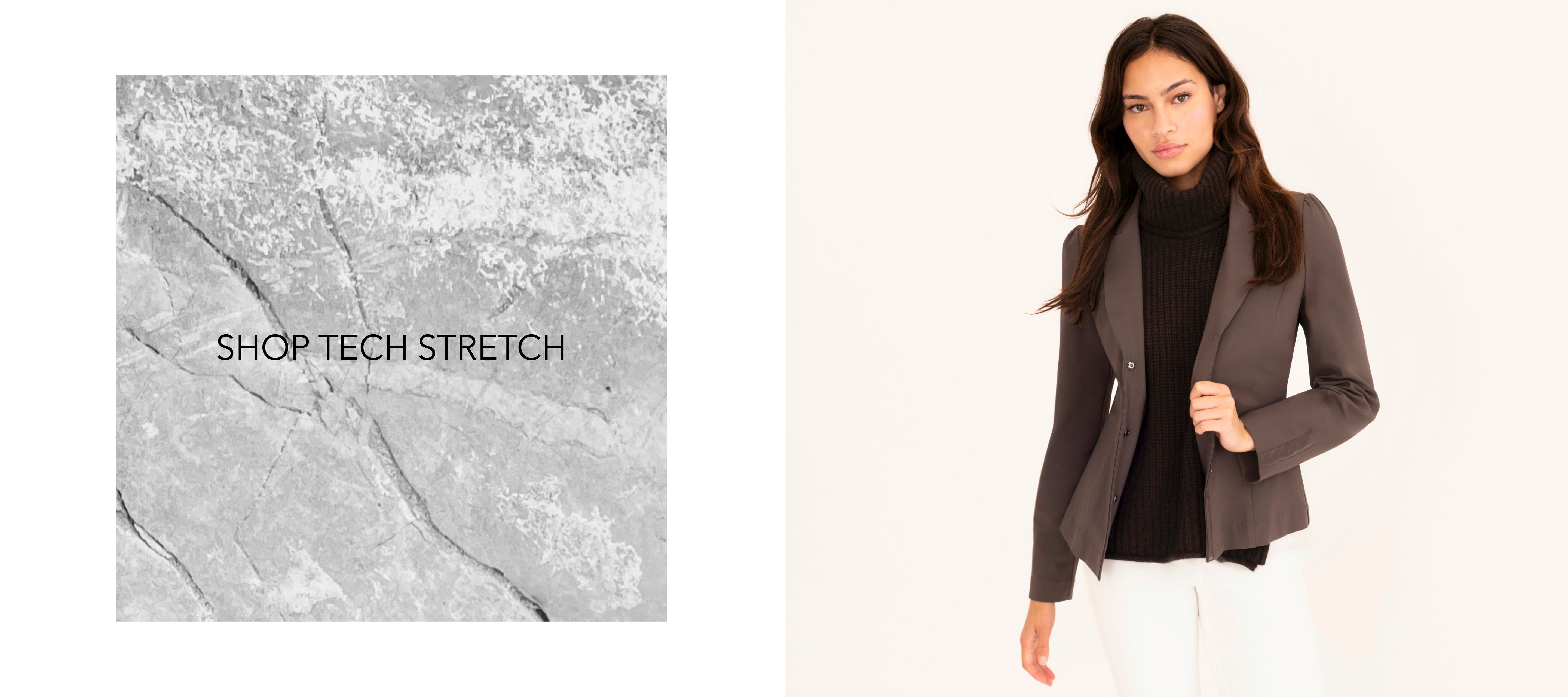 Woman wearing a brown jacket with 'Shop Tech Stretch' text on a textured gray background