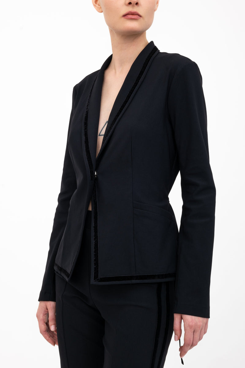 Tech Stretch Shawl Collar Short Blazer with Velvet Stripe - ARLETTE H24 Jacket GENERAL ORIENT   