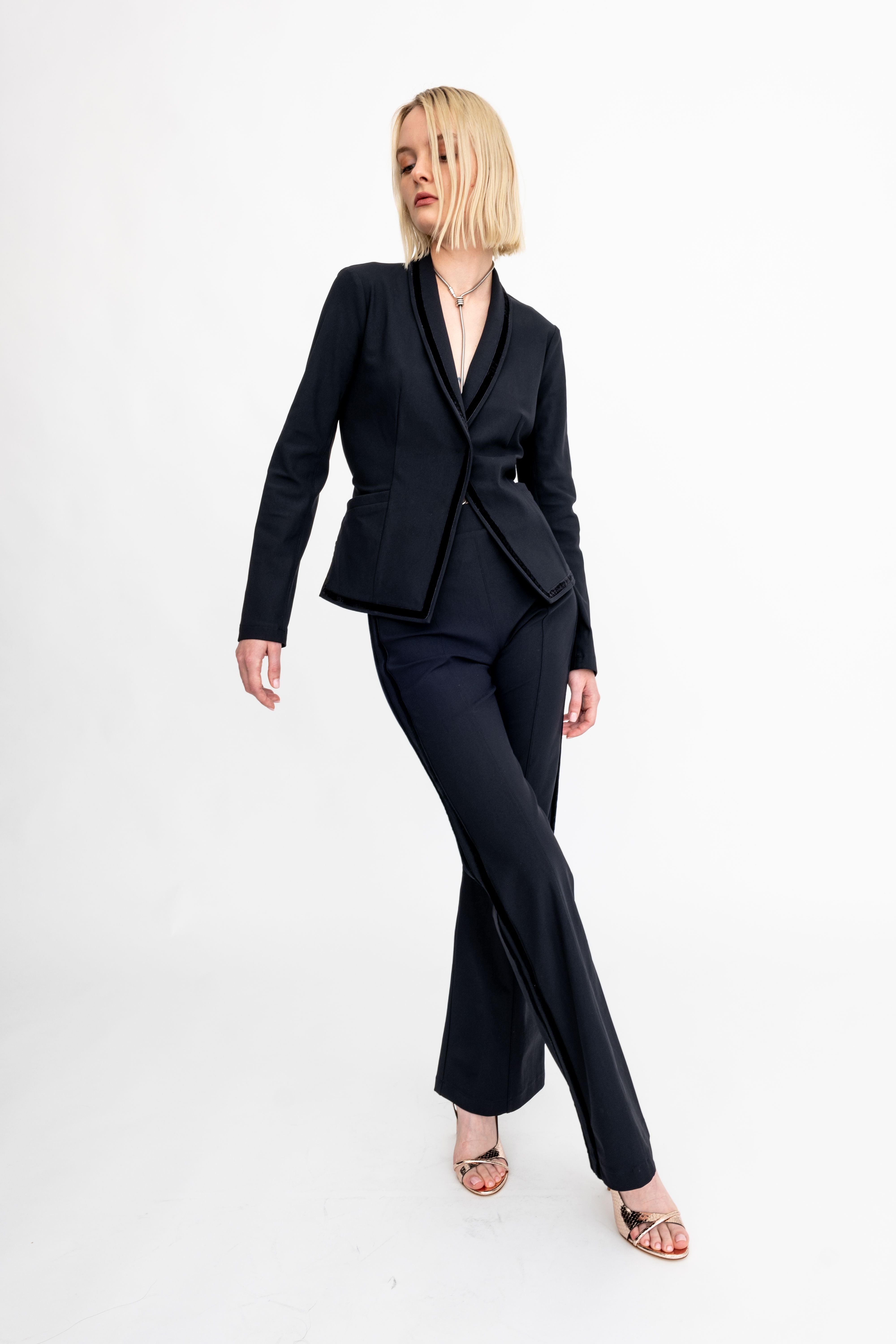 Tech Stretch Shawl Collar Short Blazer with Velvet Stripe - ARLETTE Jacket GENERAL ORIENT