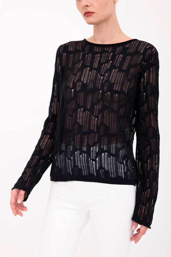 Organic Cotton Hemp Distressed Crew Neck Top - BENI Sweater YUE FENG Black P