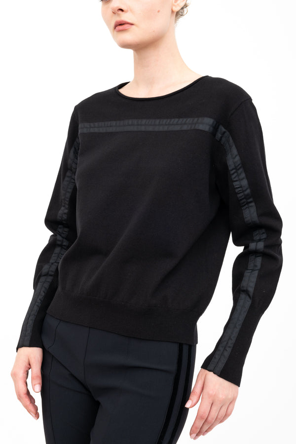 Cotton Crew Neck Knit Top with Grosgrain Trim - AMBRELLE Sweater STYLEM Black P