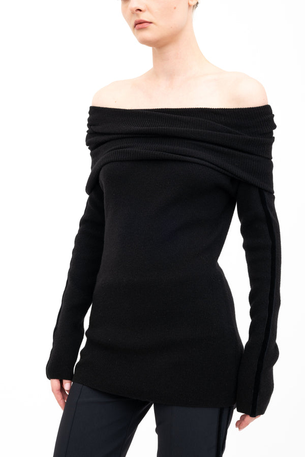 Cashmere Blend Off Shoulder Rib Knit with Velvet Trim - ASHIYA H24 Sweater STYLEM Black P 