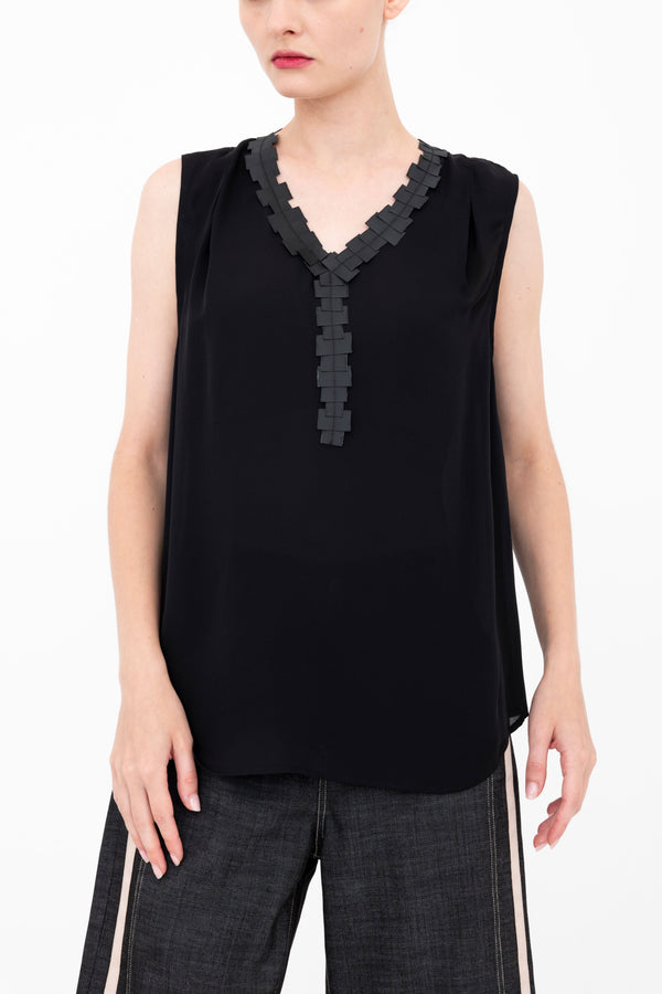 Silk Georgette V Neck Shell Top with Grosgrain Trim - BETTINA Top GENERAL ORIENT Black P