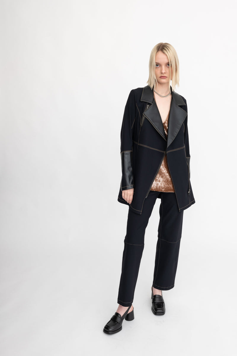 Tech Stretch Moto Coat with Vegan Leather & Contrast Stitching - ASANA H24 Coat GENERAL ORIENT   