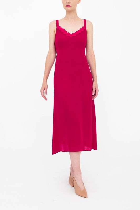 Silk Georgette Strap Midi Dress with Grosgrain Trim - BABETTE Dress GENERAL ORIENT Berry P