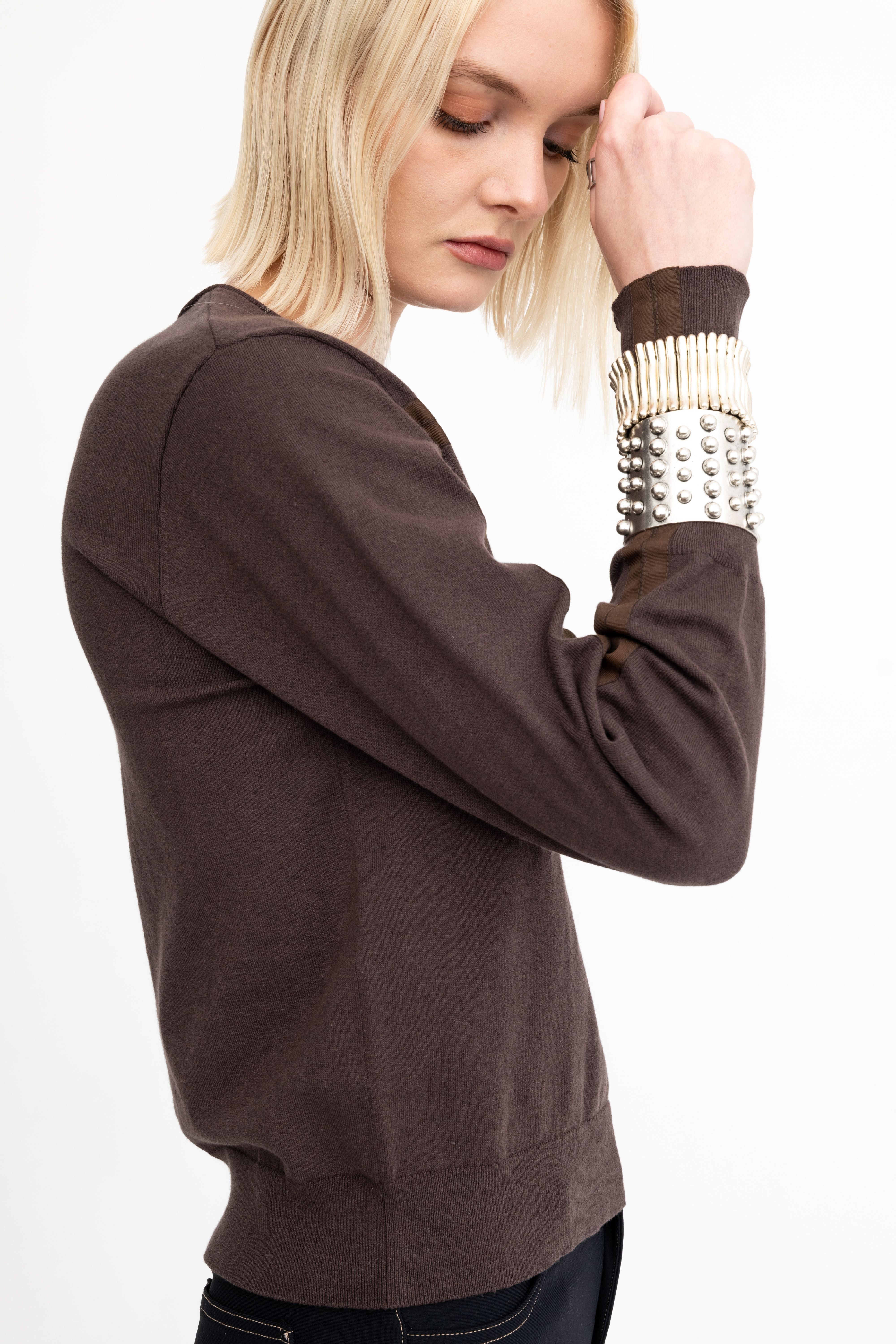 Cotton Crew Neck Knit Top with Grosgrain Trim - AMBRELLE Sweater STYLEM