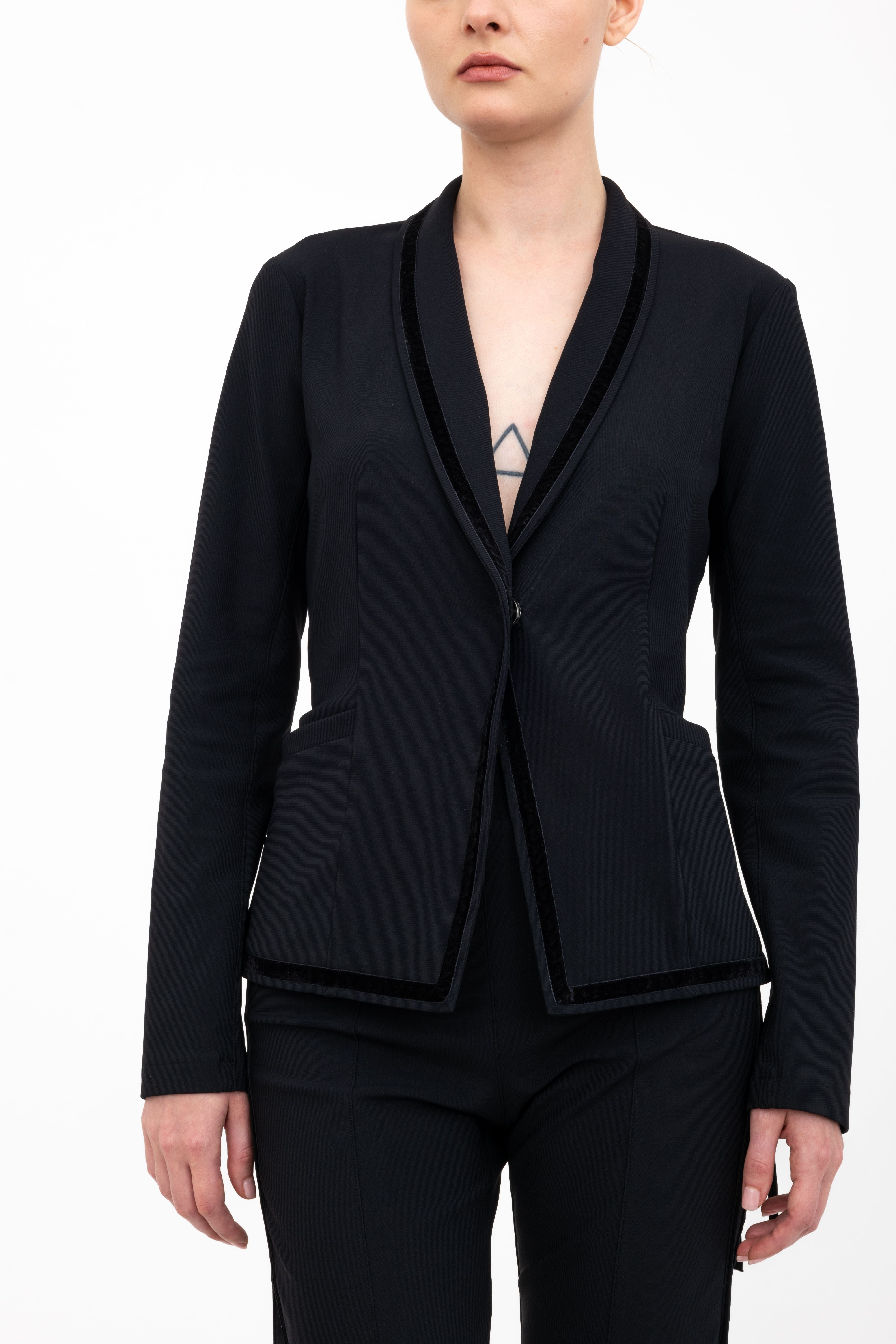 Tech Stretch Shawl Collar Short Blazer with Velvet Stripe - ARLETTE Jacket GENERAL ORIENT
