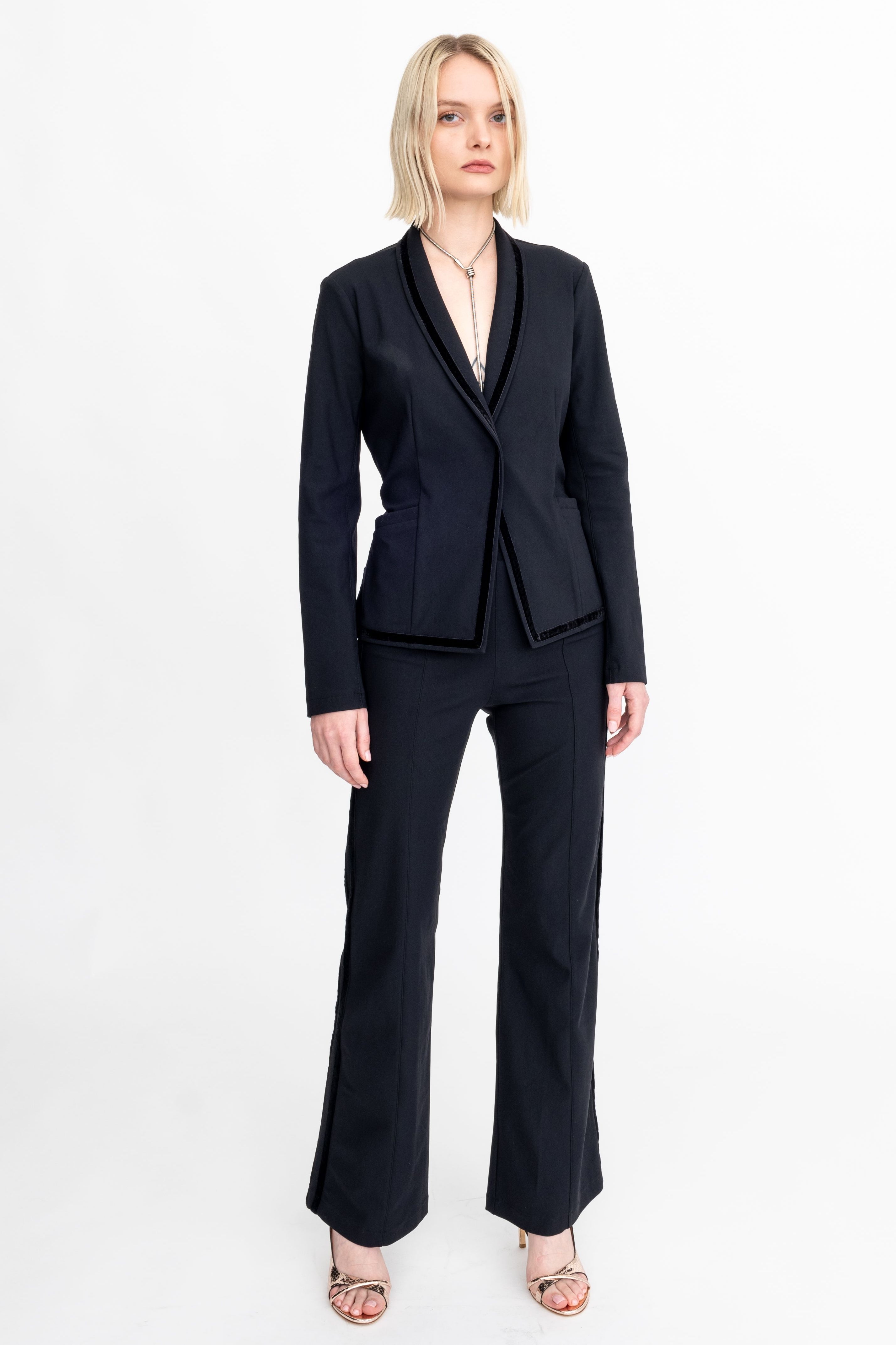 Tech Stretch Shawl Collar Short Blazer with Velvet Stripe - ARLETTE Jacket GENERAL ORIENT