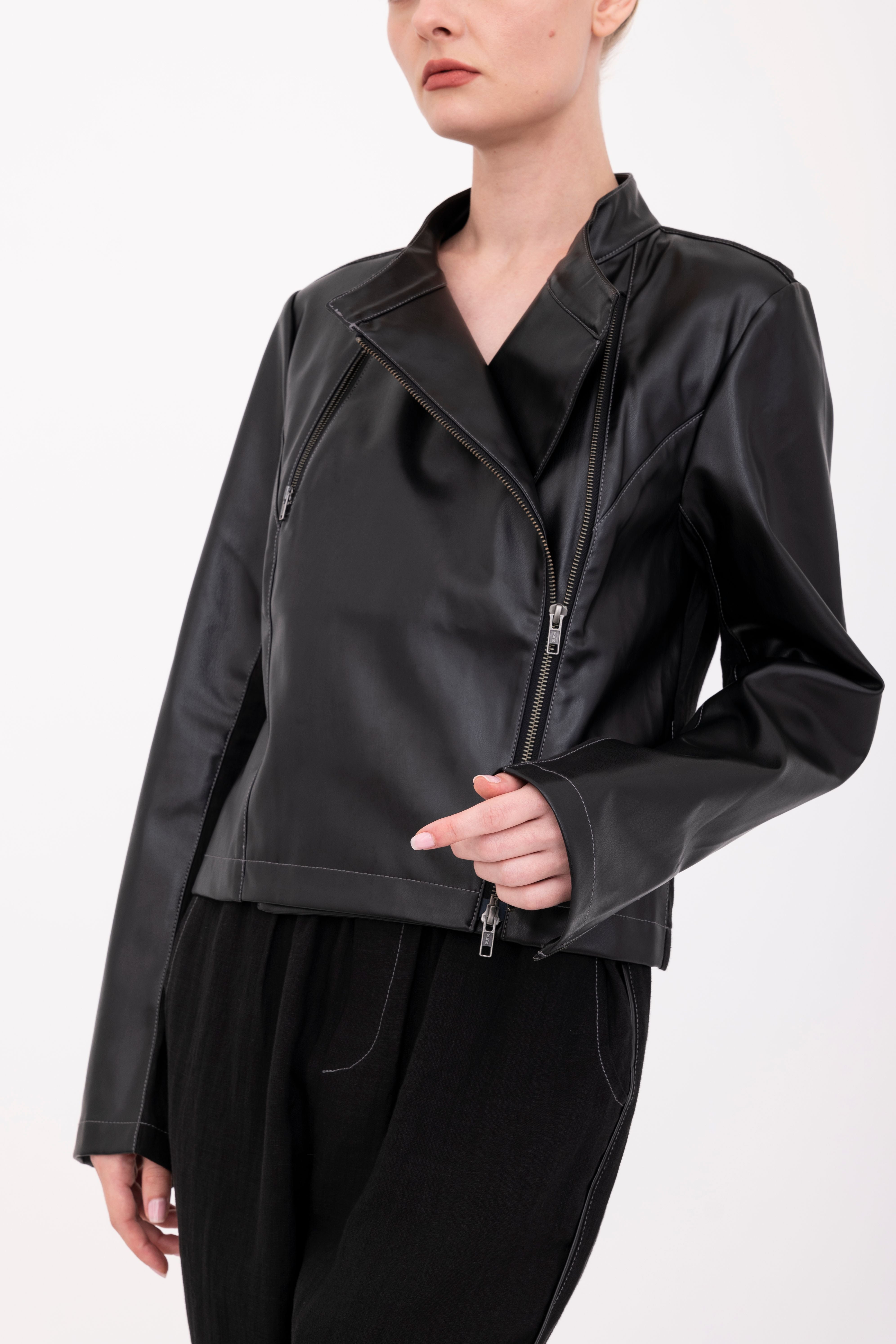 French Linen Moto Jacket with Vegan Leather - BEAUMONT Jacket GENERAL ORIENT Black P