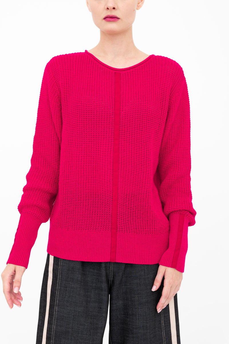 Cotton Waffle Knit Top with Grosgrain Trim - BERNETTE Sweater YUE FENG