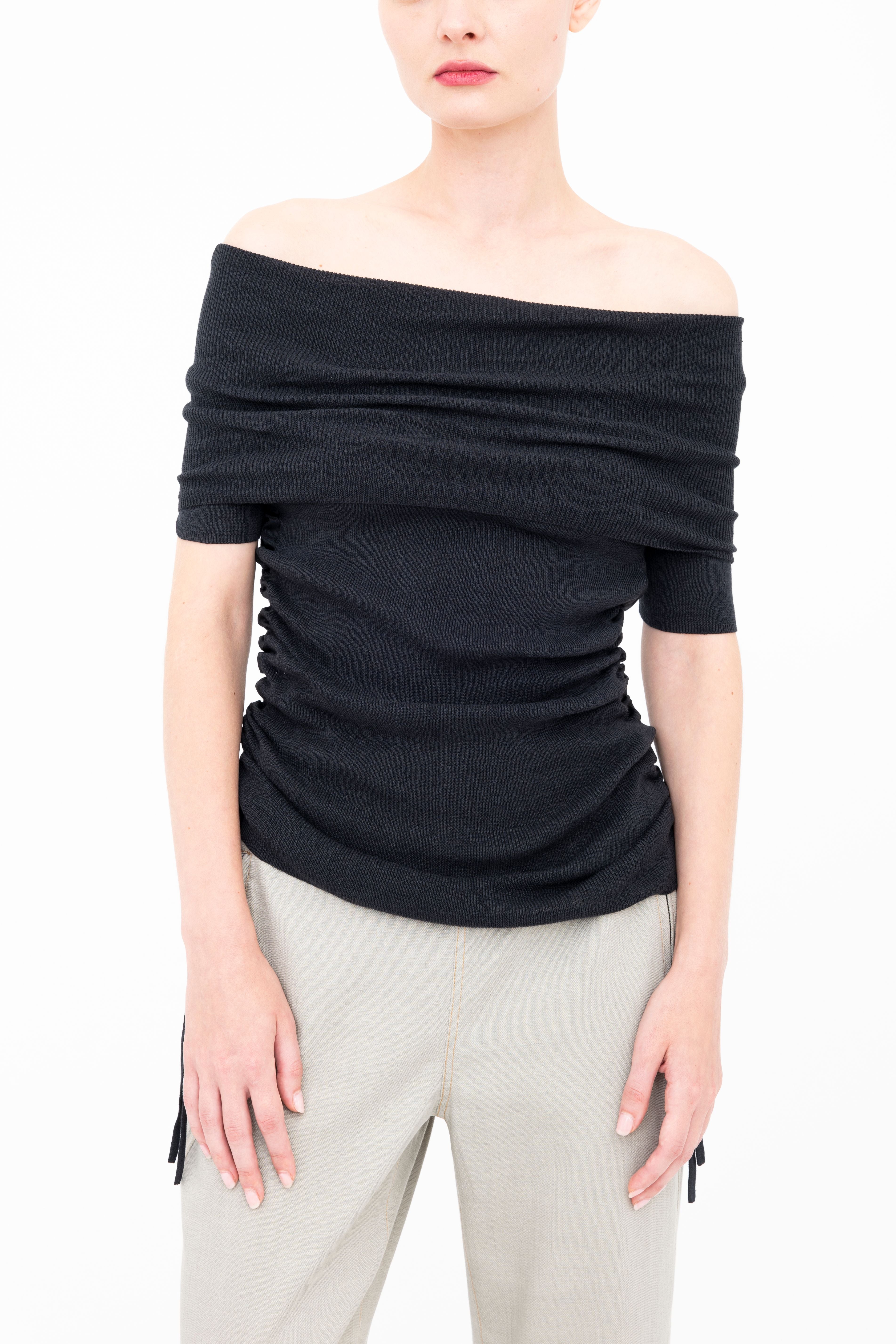 Organic Cotton Blend Off Shoulder Rib Knit Top - BICHON Sweater YUE FENG