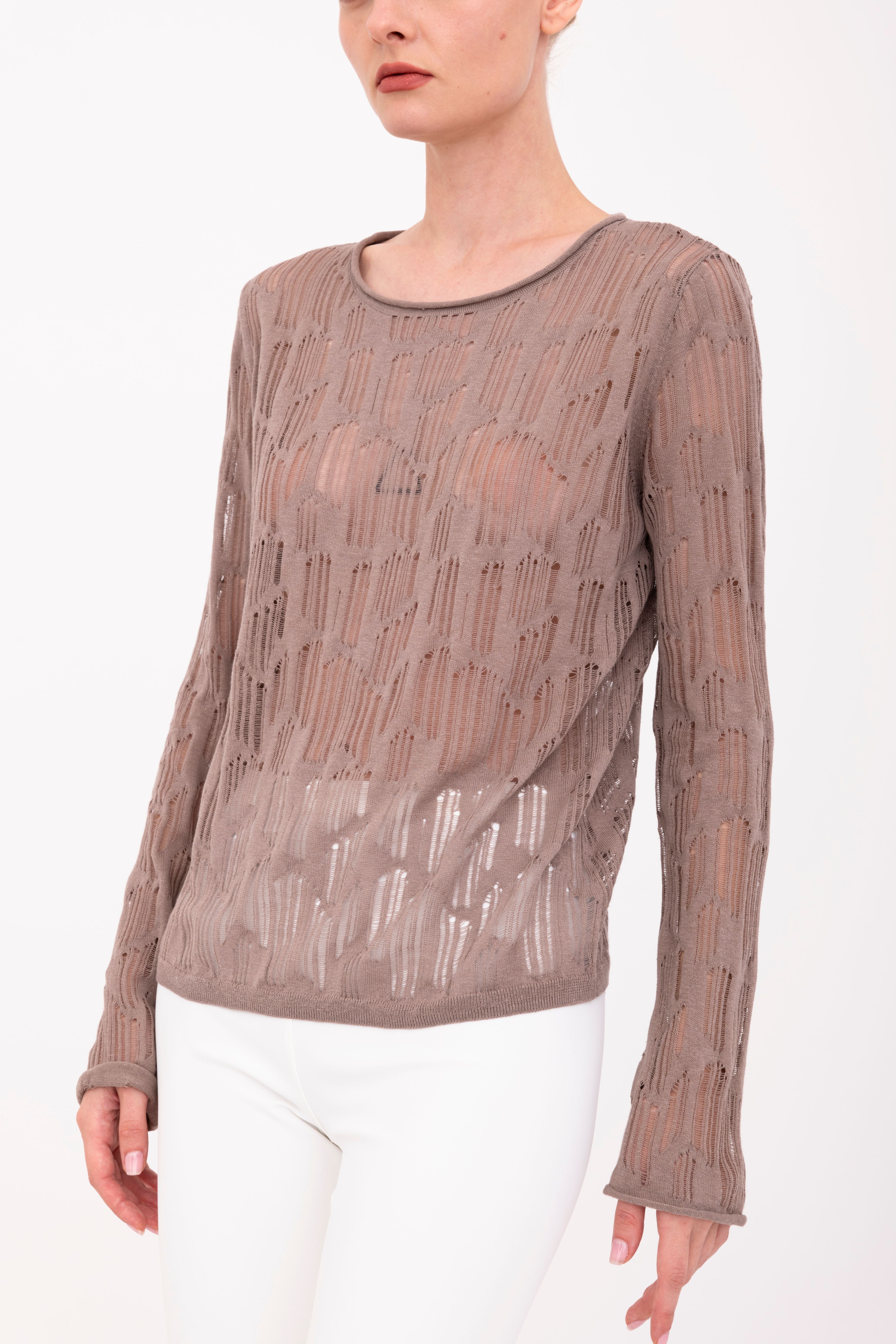 Organic Cotton Hemp Distressed Crew Neck Top - BENI Sweater YUE FENG Mauve Knit P