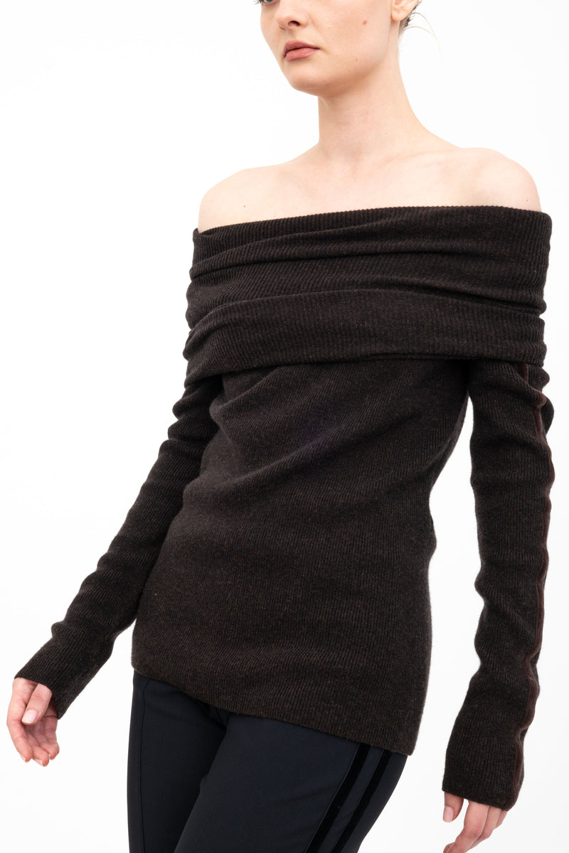 Cashmere Blend Off Shoulder Rib Knit with Velvet Trim - ASHIYA H24 Sweater STYLEM Java Cashmere P 