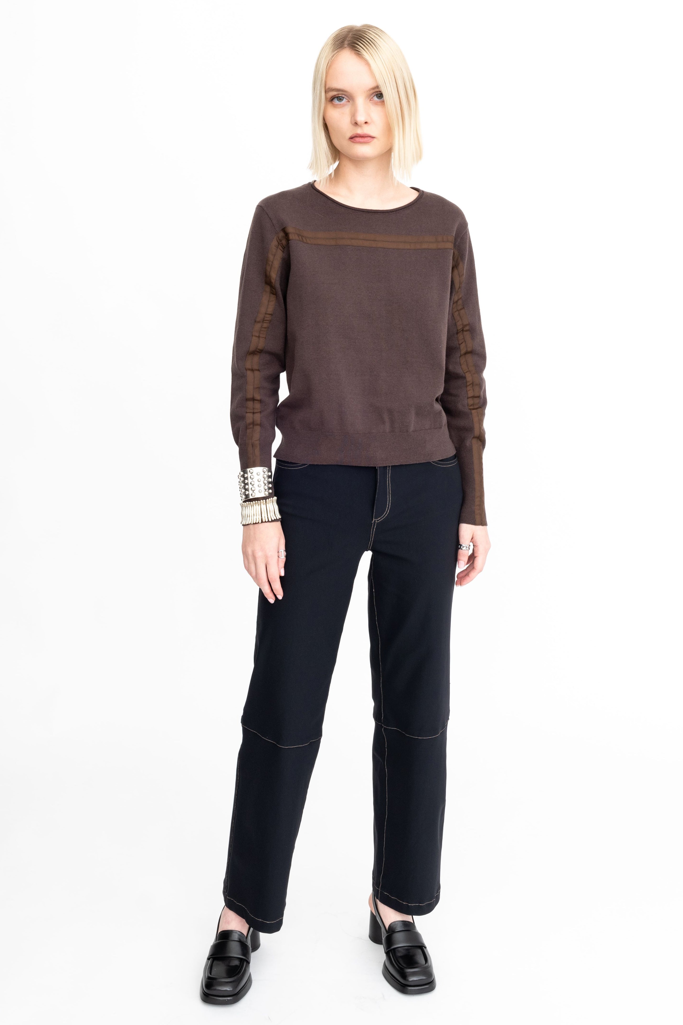 Cotton Crew Neck Knit Top with Grosgrain Trim - AMBRELLE Sweater STYLEM