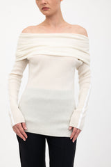 Cashmere Blend Off Shoulder Rib Knit with Velvet Trim - ASHIYA H24 Sweater STYLEM   