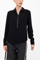 Silk Georgette Pullover Shirt with Grosgrain Trim - BLYTHE Shirt GENERAL ORIENT Black P