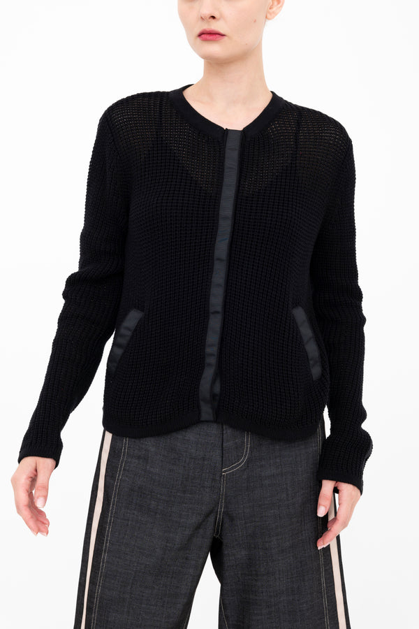 Cotton Waffle Knit Crew Neck Cardigan - BIJOUX Sweater YUE FENG