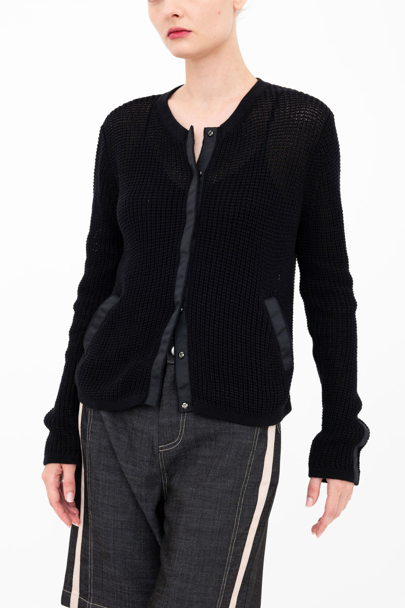 Cotton Waffle Knit Crew Neck Cardigan - BIJOUX Sweater YUE FENG Black P