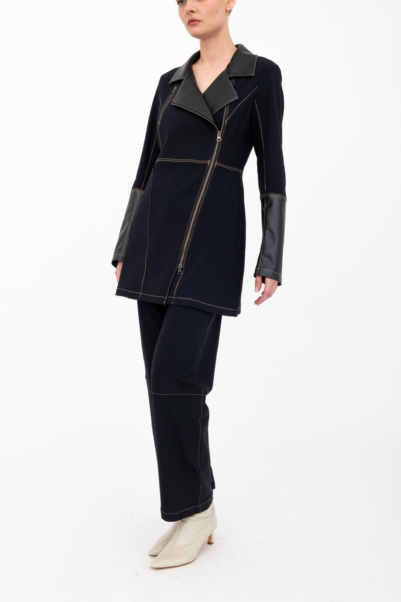 Tech Stretch Moto Coat with Vegan Leather & Contrast Stitching - ASANA H24 Coat GENERAL ORIENT Black P 