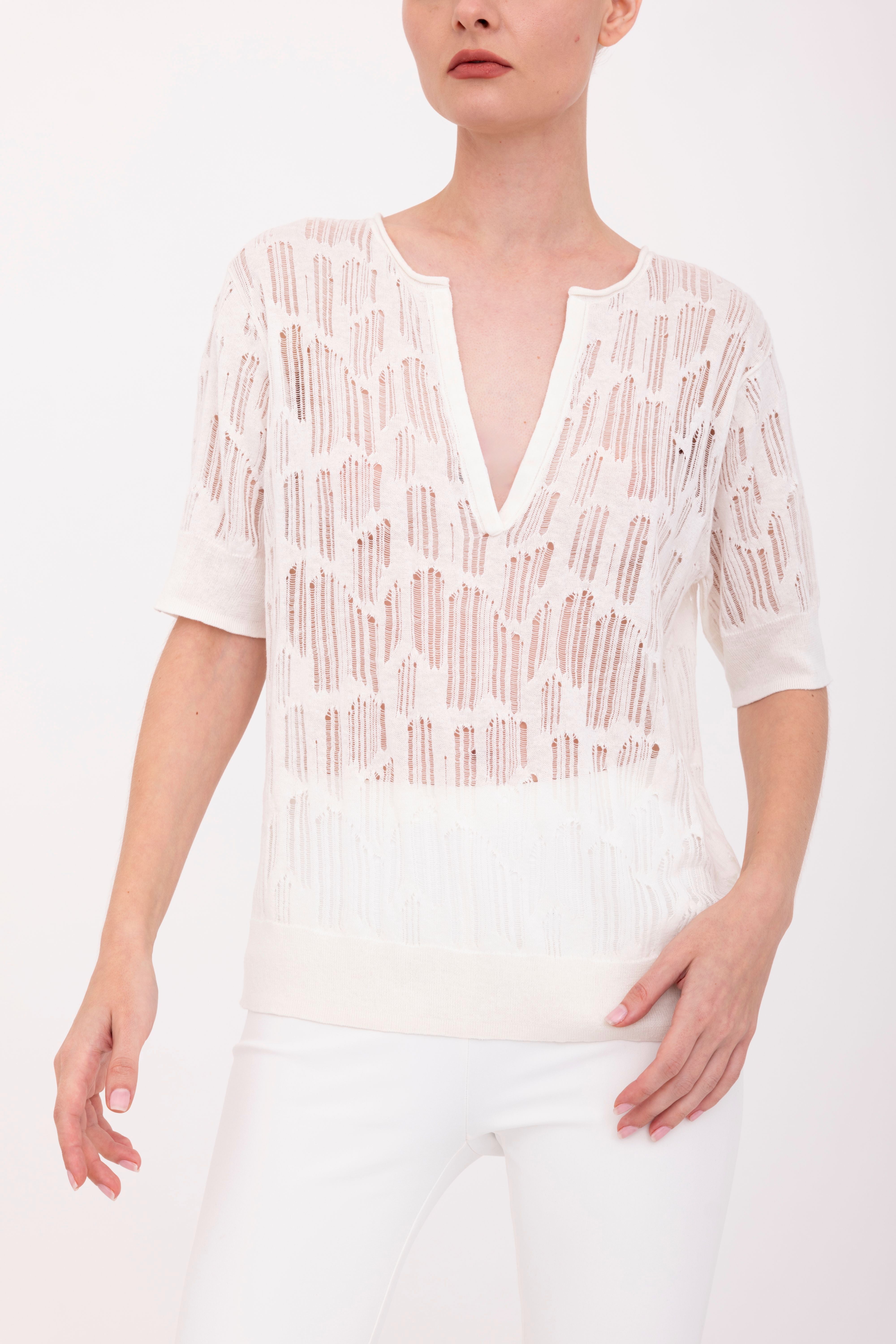 Organic Cotton Hemp Distressed Y Neck Top - BELIZE Sweater YUE FENG White P