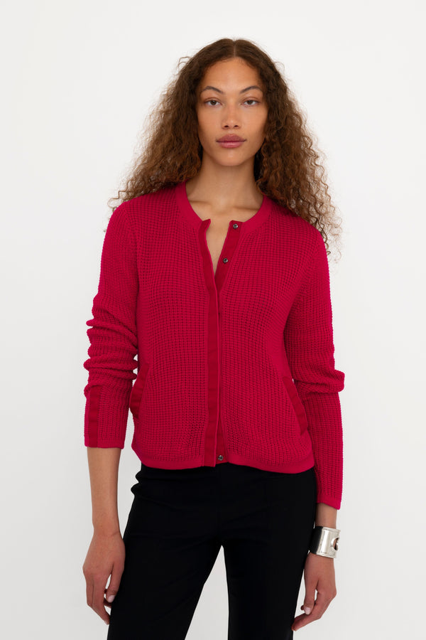 Cotton Waffle Knit Crew Neck Cardigan - BIJOUX Sweater YUE FENG