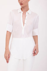 Silk Georgette Short Sleeve Pullover Shirt - BAYLOR Top GENERAL ORIENT White P