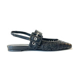 Round Toe Perforated Sling Back Flats with Buckle - DOS55 Shoes Halmanera Black 37