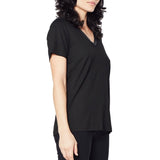 Jersey V-Neck T-Shirt with Leather Neckline Trim - RAYSHAN Shirt Elaine Kim   
