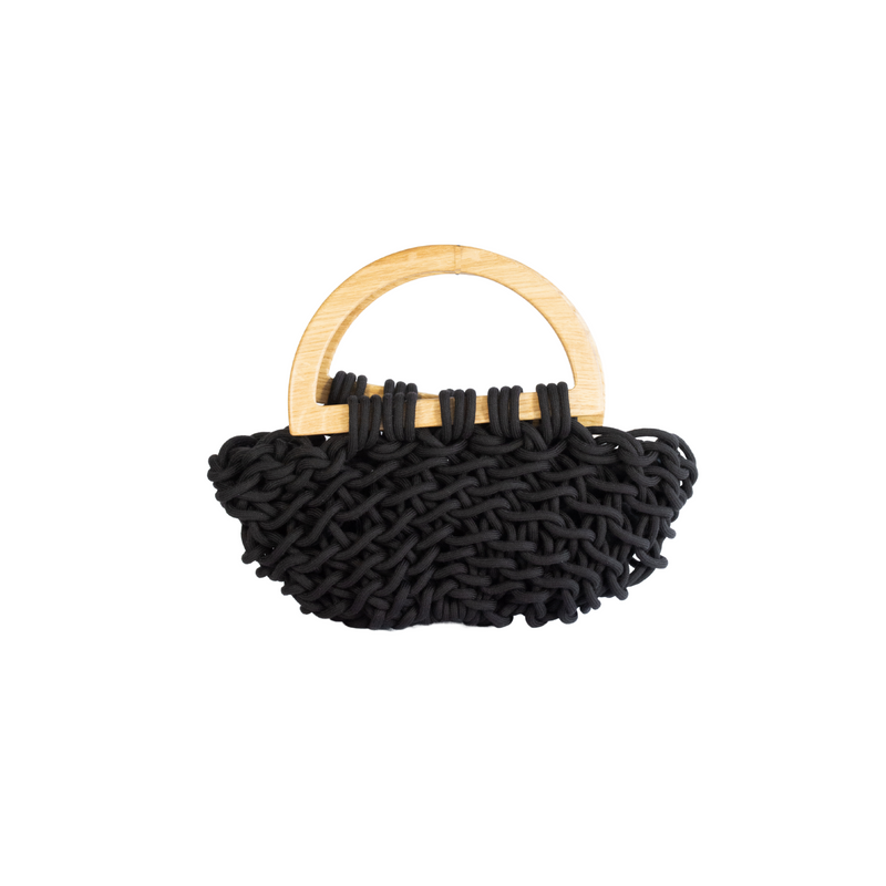 Handmade Crocheted Cotton Rope Bag With Wood Handle - MARGOT Bag Alienina black o/s 