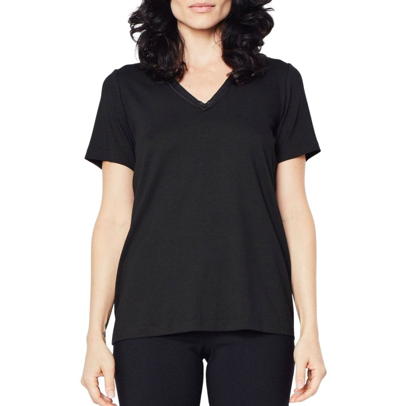Jersey V-Neck T-Shirt with Leather Neckline Trim - RAYSHAN Shirt Elaine Kim Black XL 