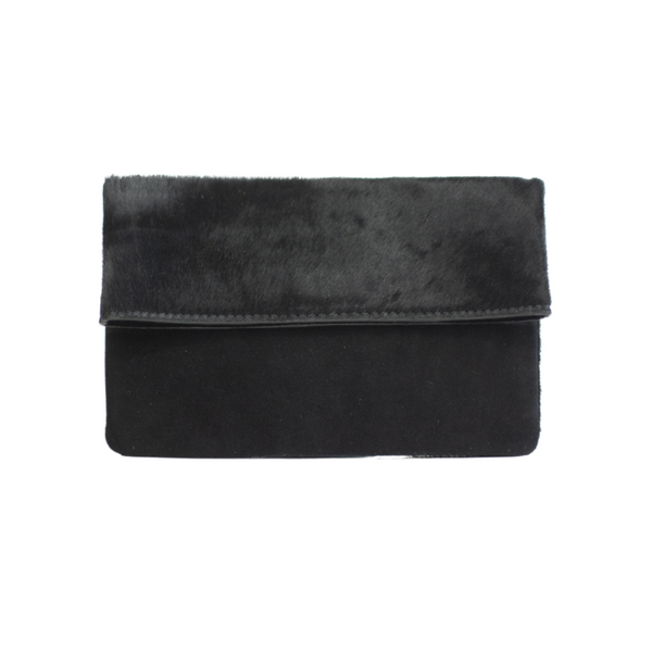 Half Calf and Suede Fold-Over Clutch - SOLIN Bag Elaine Kim Collection Black Calf Hair  