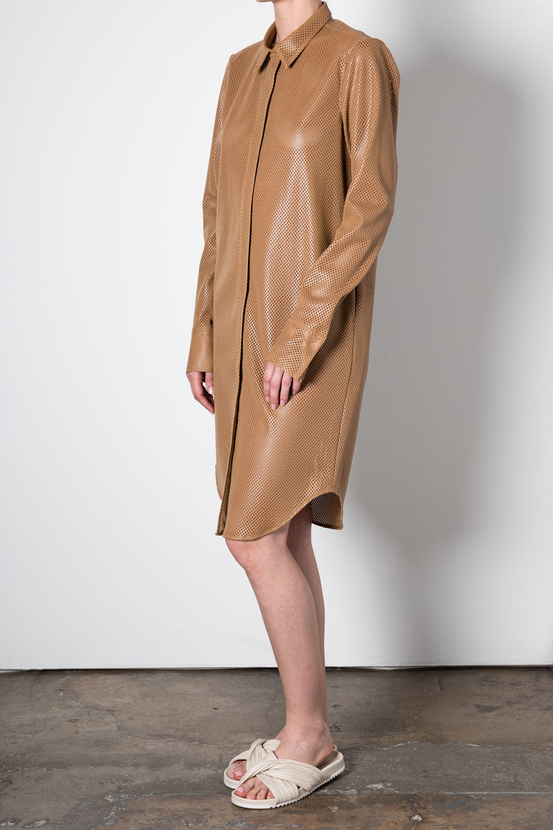 Vegan Perforated Leather Shirt Jacket Dress - VALMONT Dress STYLEM   