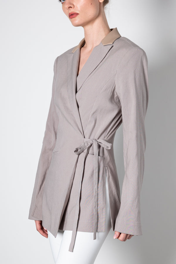 Stretch Linen Peaked Collar Wrap Blazer w/ Leather Trim - WELLINGTON Coat STYLEM   