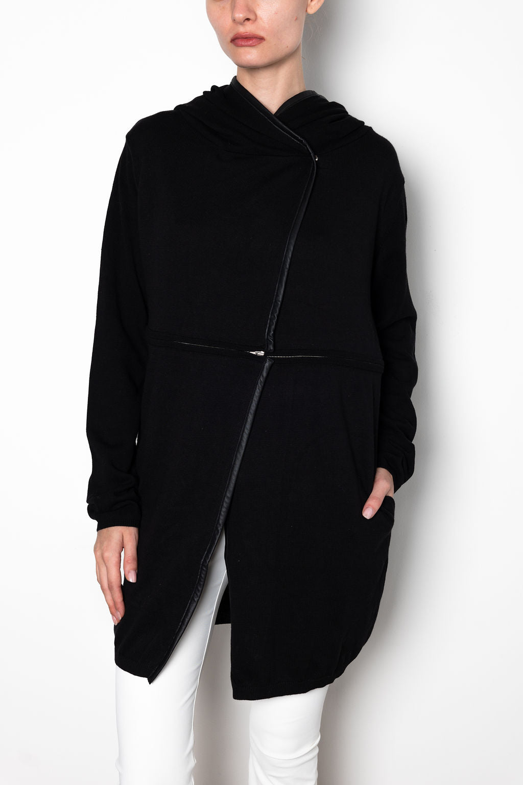 Cotton Sweater Hooded Zip Off Cardigan - WILLOUGHBY Sweater STYLEM Black P 