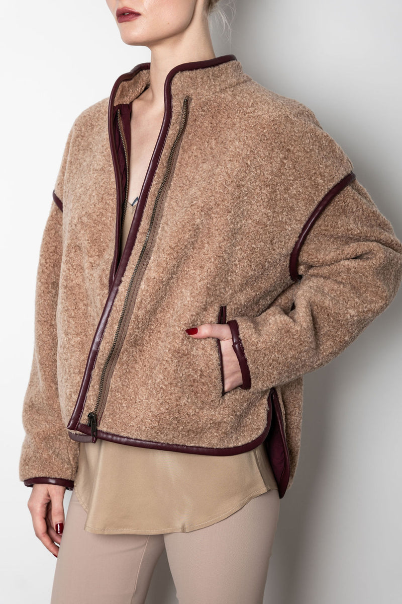 Shearling Zip Jacket with Vegan Leather Trim - TILLIE Coat STYLEM   