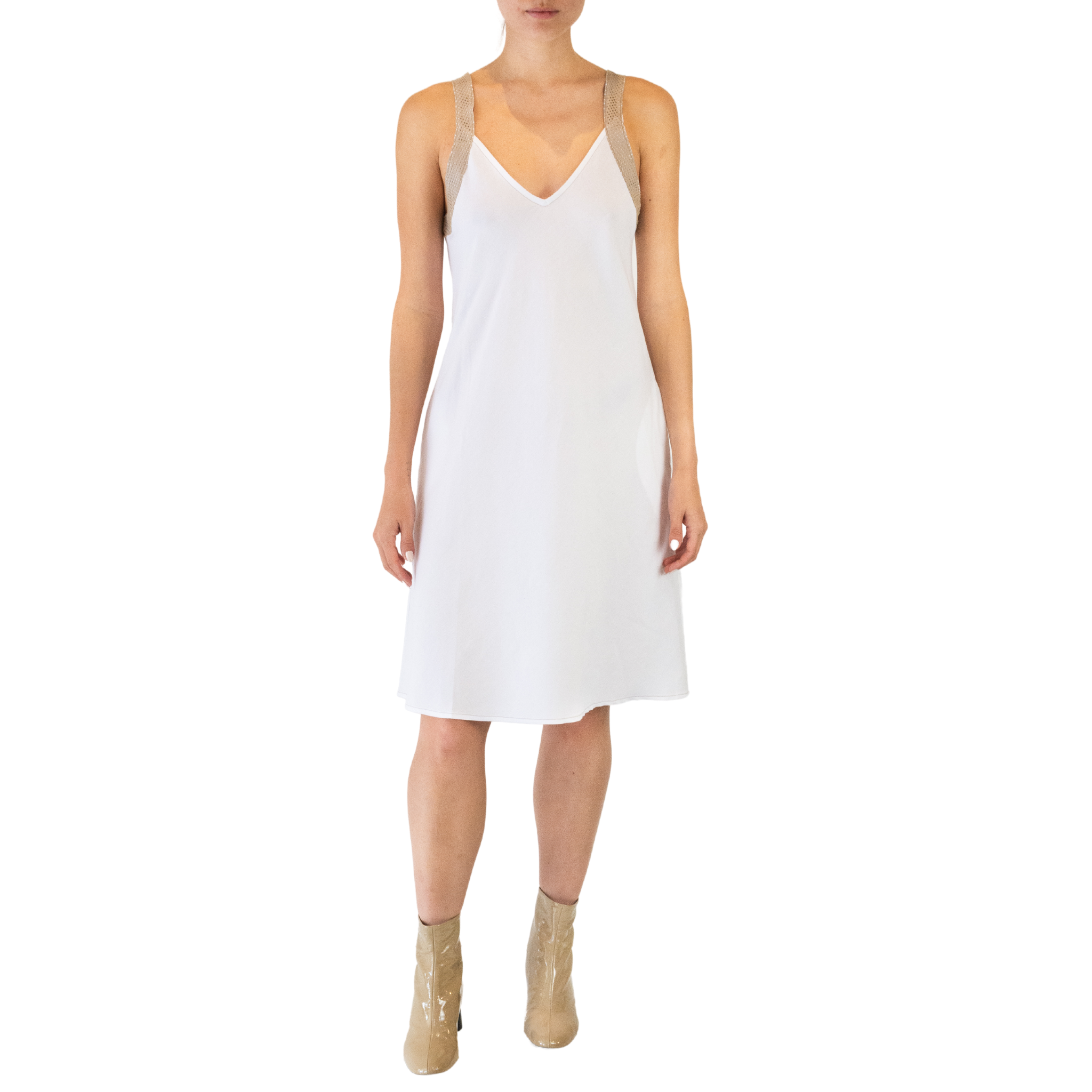 Stretch Linen Dress w/Leather Strap -TEONI Dress STYLEM White P 