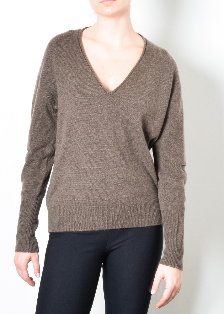 Cashmere V Neck Sweater with Zip Trim - TEMPLETON FALL Sweater STYLEM Espresso P 