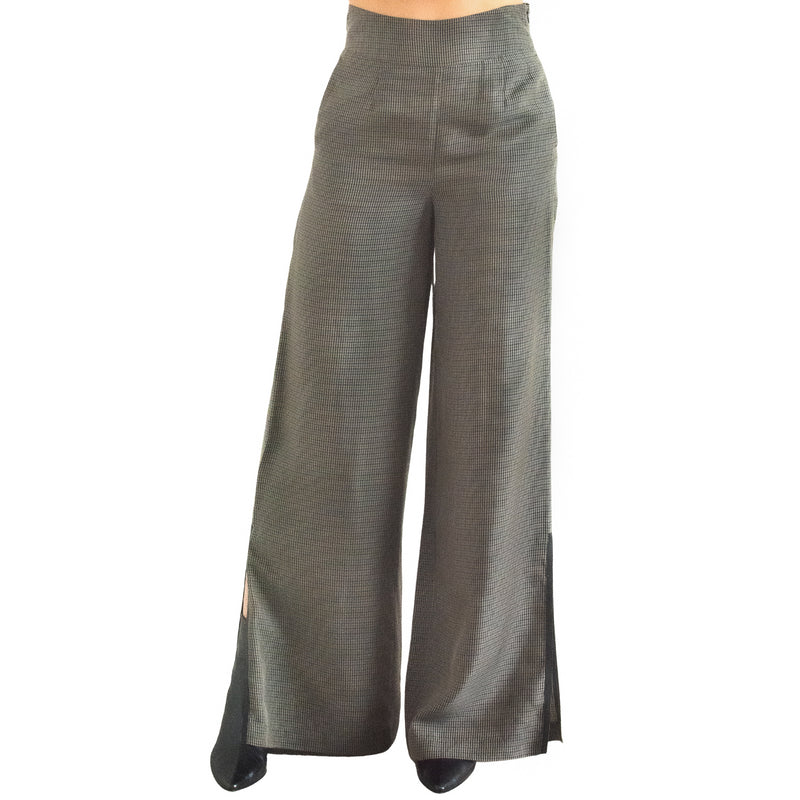 Plaid Cupro Wide Pant with leather trim - TRITON Pant Elaine Kim Collection Coffee Mix Plaid P 