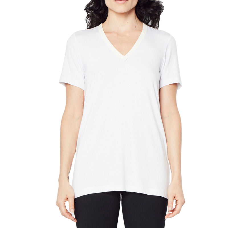 Jersey V-Neck T-Shirt with Leather Neckline Trim - RAYSHAN Shirt Elaine Kim White P 