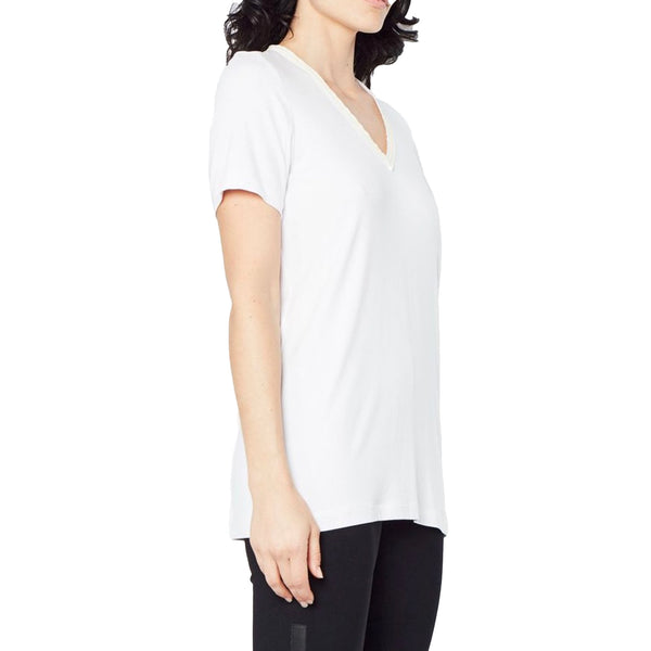 Jersey V-Neck T-Shirt with Leather Neckline Trim - RAYSHAN Shirt Elaine Kim   