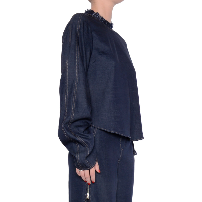 Denim Top with Ruched Sleeve - SONIA Top Elaine Kim   