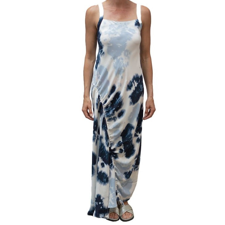 Silk Maxi Dress with Asymmetric Drawstring - SHAY Dress Elaine Kim Midnight Mix P 
