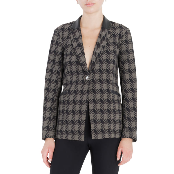 Tech Stretch Button Blazer with Leather Trim - SOREN Jacket Elaine Kim Houndstooth P 