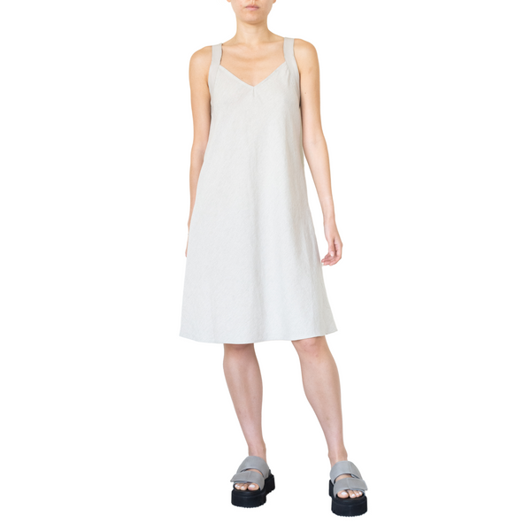 Stretch Linen Dress w/Leather Strap -TEONI SP22 Dress STYLEM Ecru M 