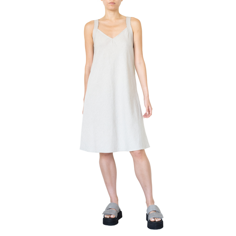 Stretch Linen Dress w/Leather Strap -TEONI SP22 Dress STYLEM Ecru M 