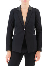 Tech Stretch Button Blazer with Leather Trim - SOREN Jacket Elaine Kim Black P 